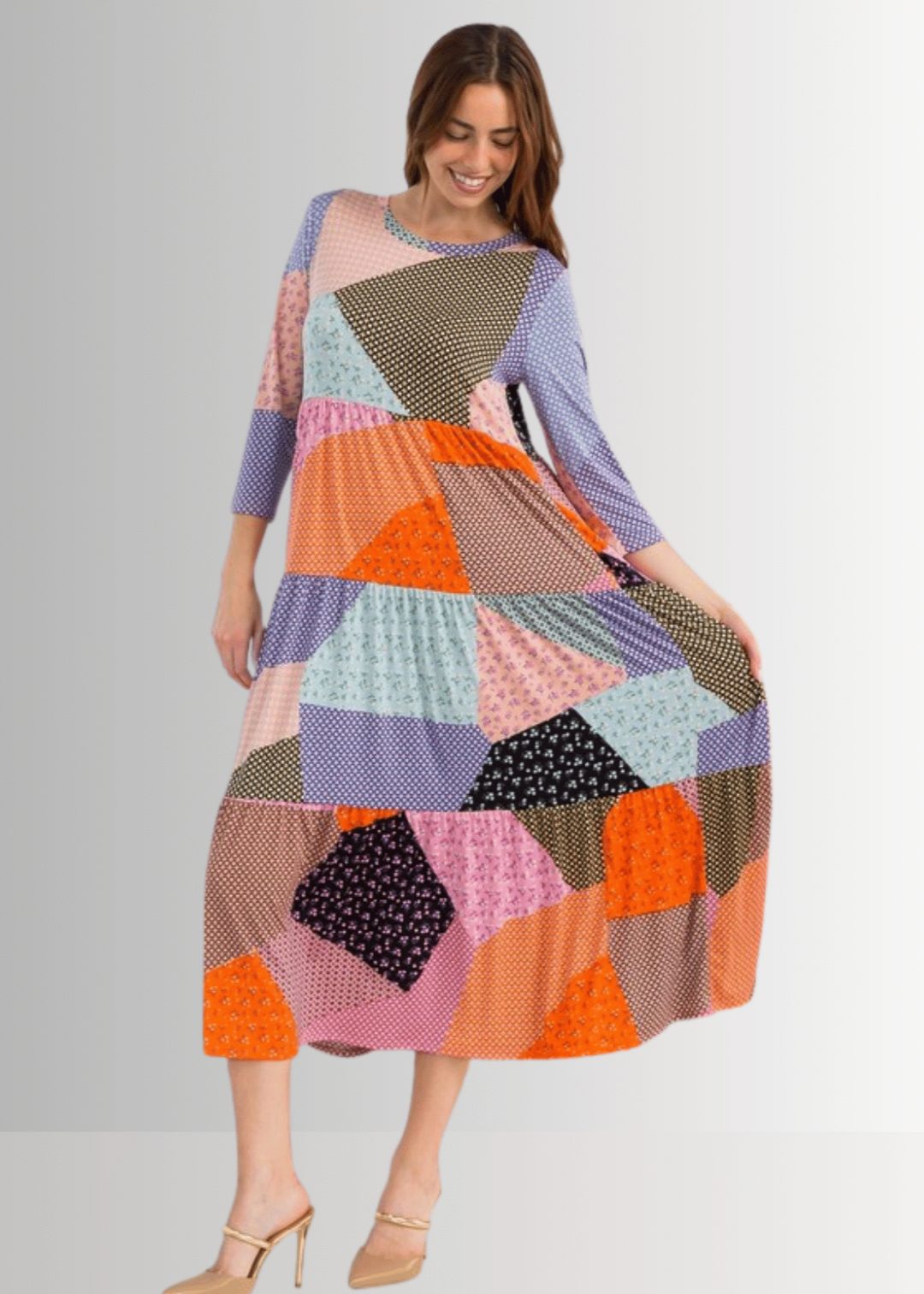 Made in USA Women's Colorful Patch Print Maxi Dress, 3/4 Sleeves, Round Neckline, Side Pockets, Material is Stretchy | Classy Cozy Cool Made in America Boutique