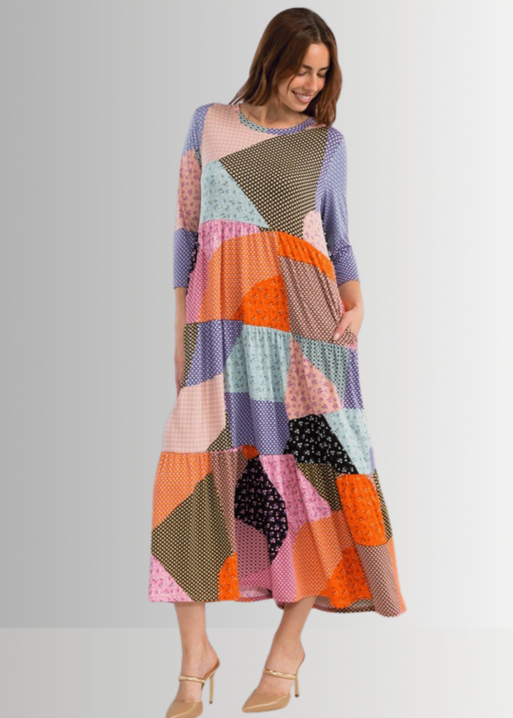Made in USA Women's Colorful Patch Print Maxi Dress, 3/4 Sleeves, Round Neckline, Side Pockets, Material is Stretchy | Classy Cozy Cool Made in America Boutique