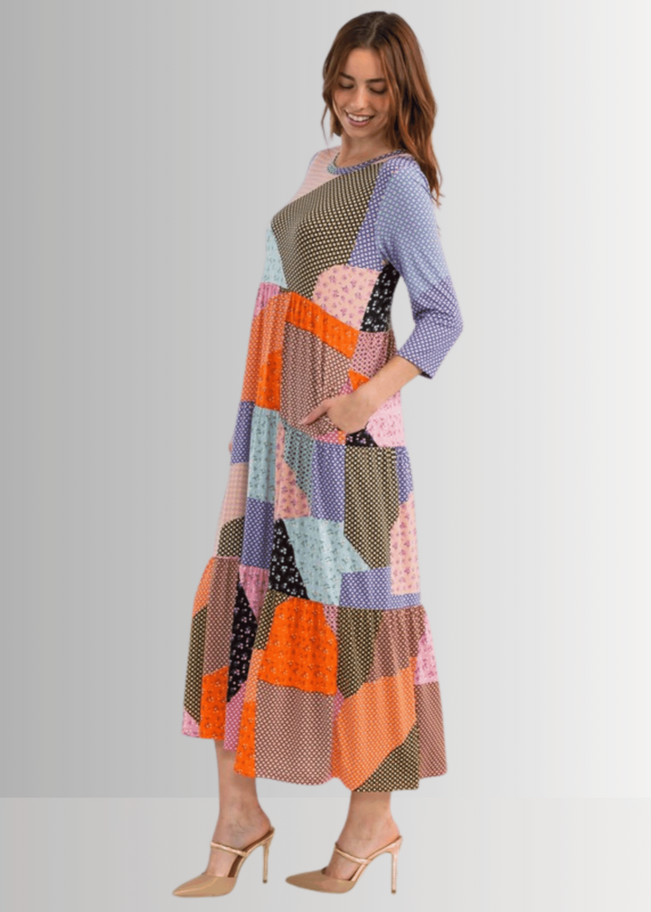 Made in USA Women's Colorful Patch Print Maxi Dress, 3/4 Sleeves, Round Neckline, Side Pockets, Material is Stretchy | Classy Cozy Cool Made in America Boutique