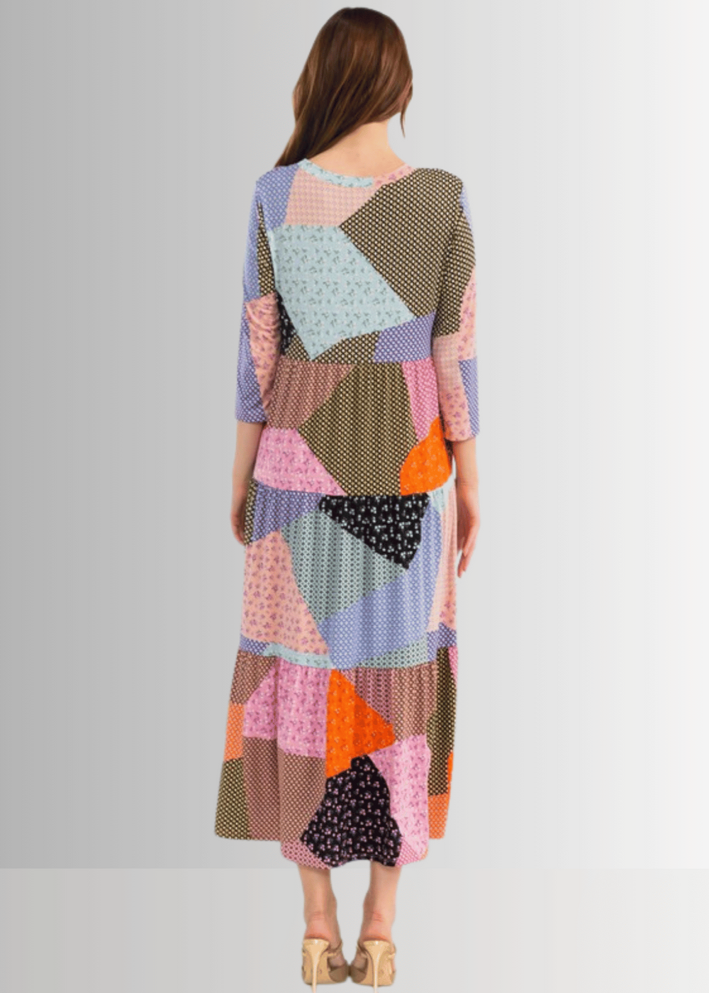 Made in USA Women's Colorful Patch Print Maxi Dress, 3/4 Sleeves, Round Neckline, Side Pockets, Material is Stretchy | Classy Cozy Cool Made in America Boutique