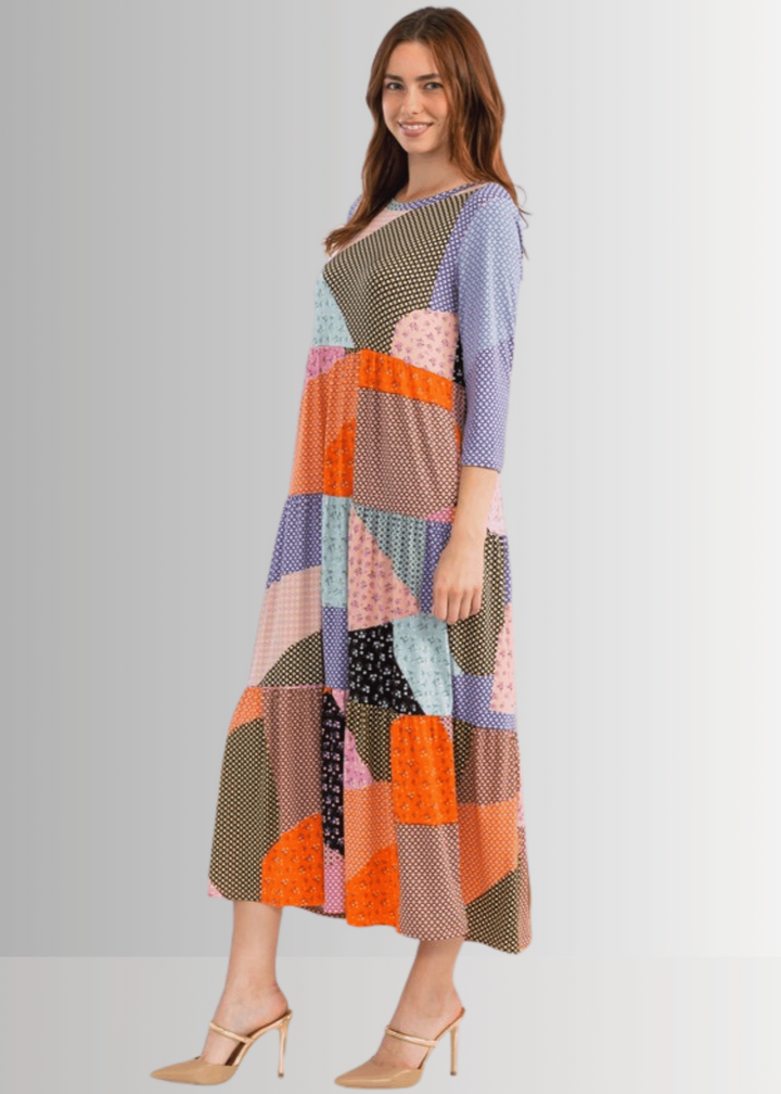 Made in USA Women's Colorful Patch Print Maxi Dress, 3/4 Sleeves, Round Neckline, Side Pockets, Material is Stretchy | Classy Cozy Cool Made in America Boutique