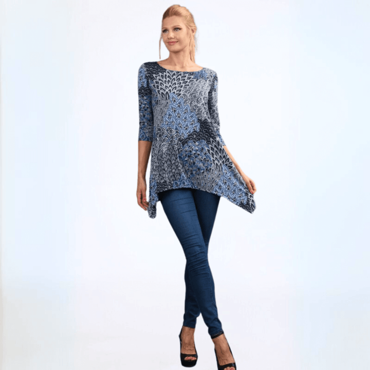 Women's Modern Peacock Shades of Blue Asymmetrical Tunic Top, Boat Neck, Half Sleeves, Lightweight, Shark Bite Hemline | Made in USA | Classy Cozy Cool Made in America Boutique