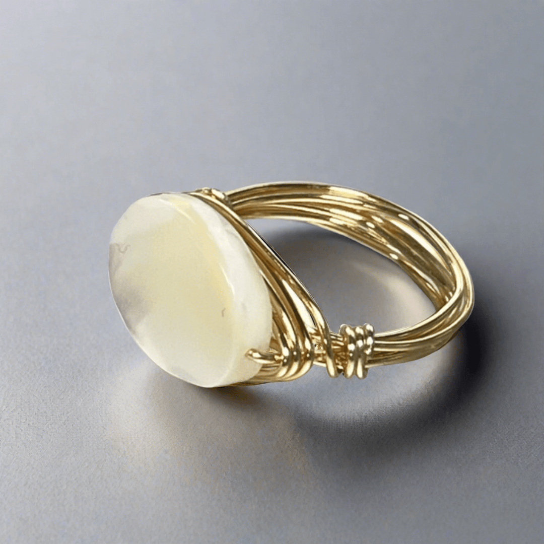 Hand Made in USA Women's Mother of Pearl Hand Forged Gold Tone Crafted Ring in USA  | Classy Cozy Cool Women's Made in America Boutique