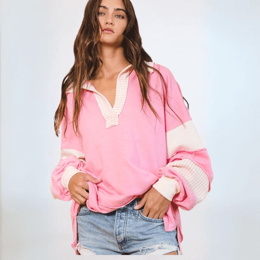 Brand: Bucket List Clothing Style# T2004 | Oversized Ladies French Terry 100% Cotton Color Block Sweatshirt with Collar in Pink/Cream | Made in USA