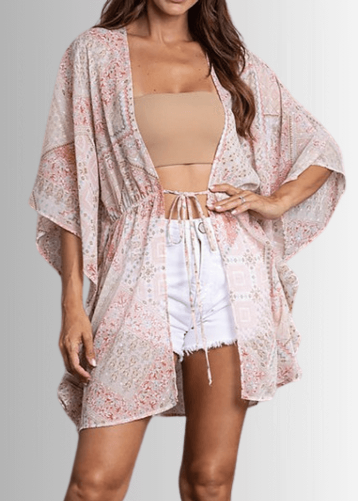 Made in USA Women's Pink Boho Print Sheer Tie Front Kimono Top , Beach, Vacation, Dressy, Swim Coverup | Classy Cozy Cool Made in America Boutique