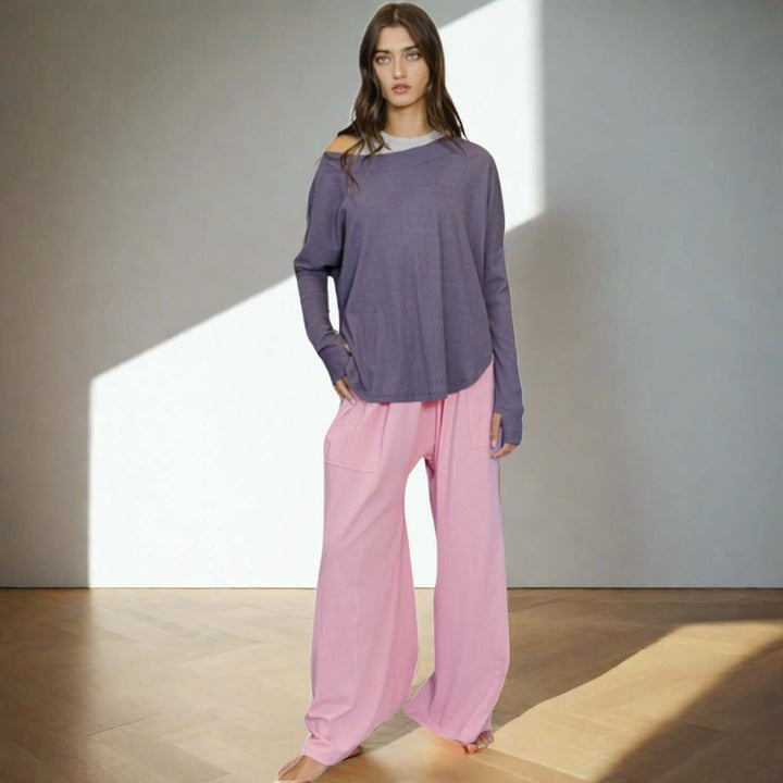 Bucket List Clothing Style# P5402 |  Women's Wide Banded Waist Baggy Pants in Pink | Made in USA | Classy Cozy Cool Women's Made in America Clothing Boutique