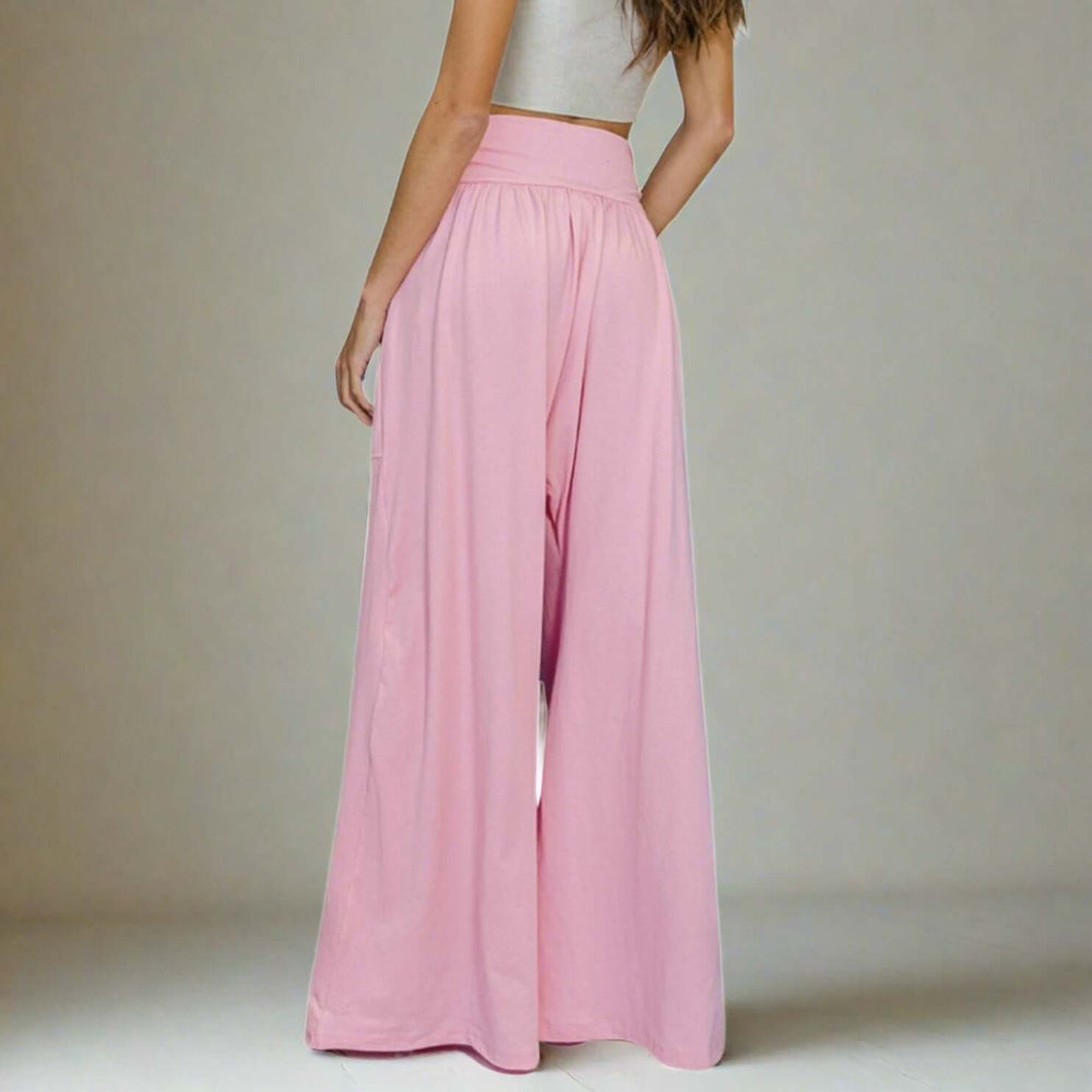 Bucket List Clothing Style# P5402 |  Women's Wide Banded Waist Baggy Pants in Pink | Made in USA | Classy Cozy Cool Women's Made in America Clothing Boutique