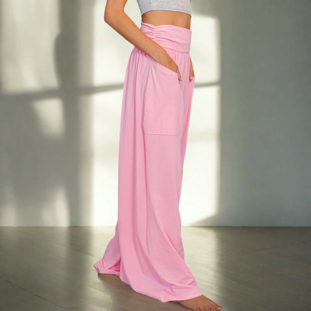 Bucket List Clothing Style# P5402 |  Women's Wide Banded Waist Baggy Pants in Pink | Made in USA | Classy Cozy Cool Women's Made in America Clothing Boutique
