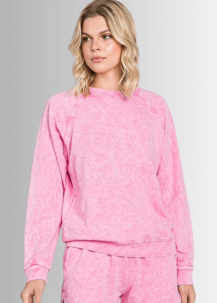 Made in USA Women's Cotton Mineral Washed Pink Poppy Crew Neck Sweatshirt  | Made with USA Cotton | Classy Cozy Cool Made in America Boutique