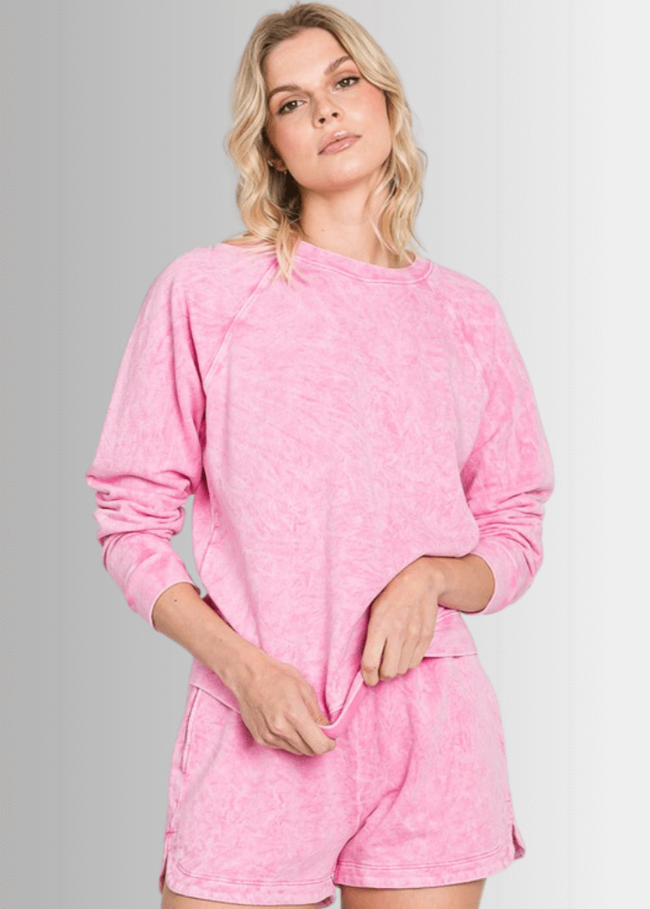 Made in USA Women's Cotton Mineral Washed Pink Poppy Crew Neck Sweatshirt  | Made with USA Cotton | Classy Cozy Cool Made in America Boutique