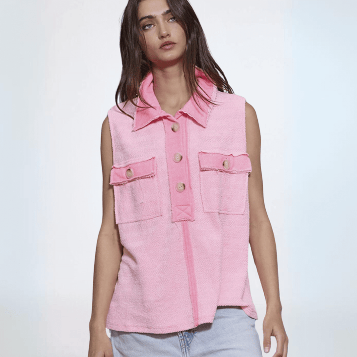 Ladies Pink Cotton Oversized Sleeveless Henley With Contrast Detail and Large Front Pockets | Made in USA | Bucket List Clothing Style# T2301