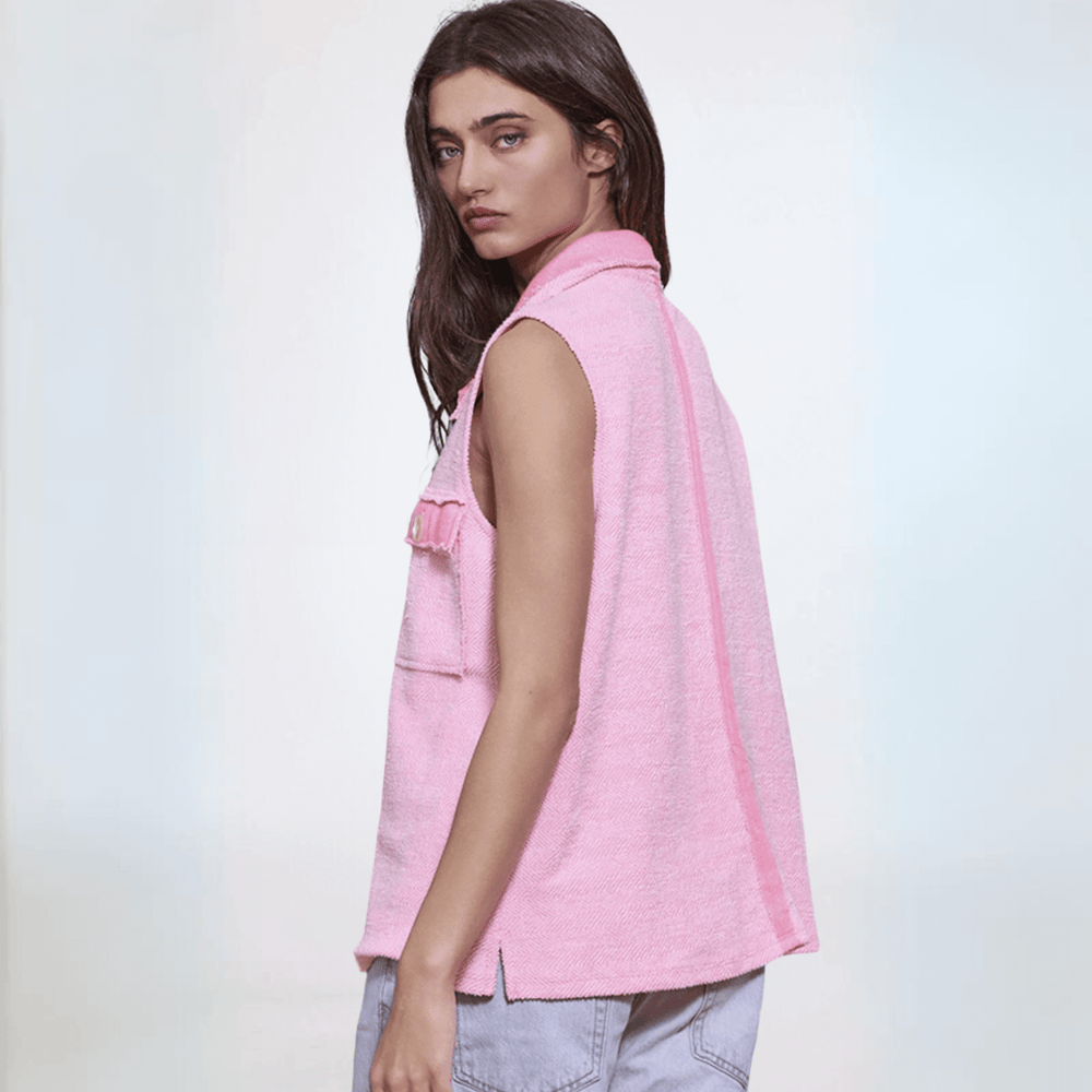 Ladies Pink Cotton Oversized Sleeveless Henley With Contrast Detail and Large Front Pockets | Made in USA | Bucket List Clothing Style# T2301