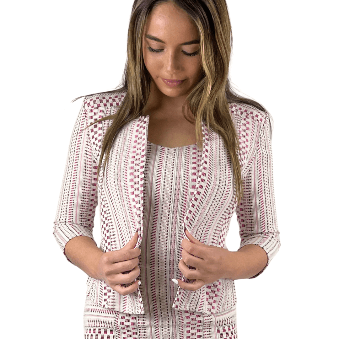 Women's High End Designer, Elana Kattan, Textured 3/4 sleeve Bolero Jacket in Pink & White, Made in USA, Matching Dress Available