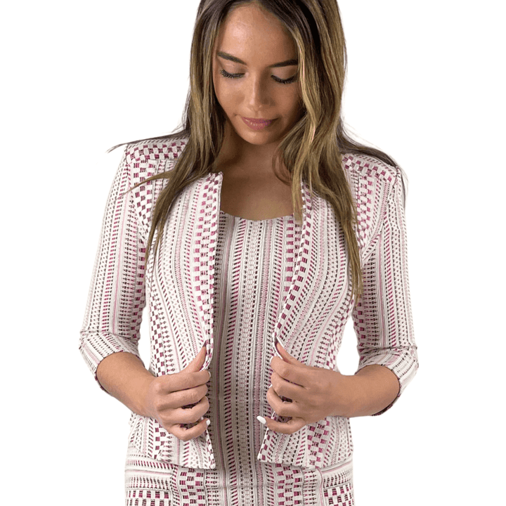 Women's High End Designer, Elana Kattan, Textured 3/4 sleeve Bolero Jacket in Pink & White, Made in USA, Matching Dress Available