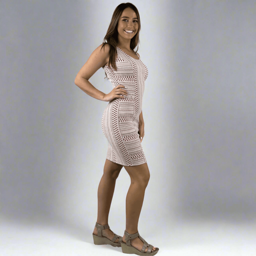 Made in USA Women's Designer Fitted Sheath Mini Dress with Princess Line, Side pockets, Superior Quality in Pink & White by Designer: Elana Kattan Season: All Season