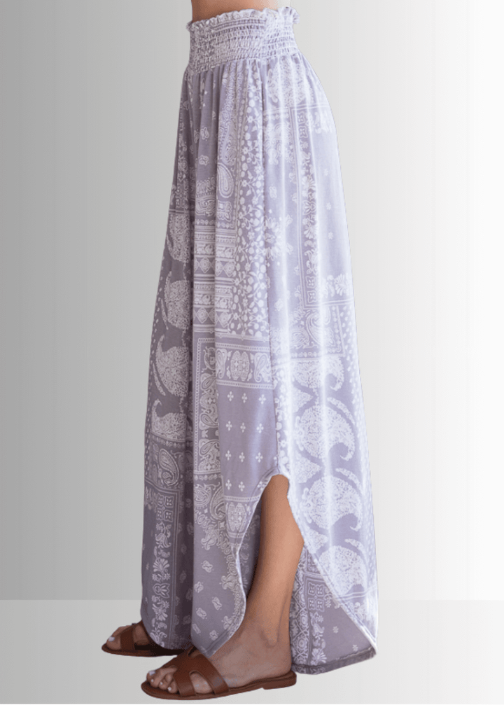 BoHo Light Gray wide Leg Paisley Print Design Pants | Brand: Bucket List Style # P5024 | Made in the USA | Classy Cozy Cool Women’s Clothing Boutique