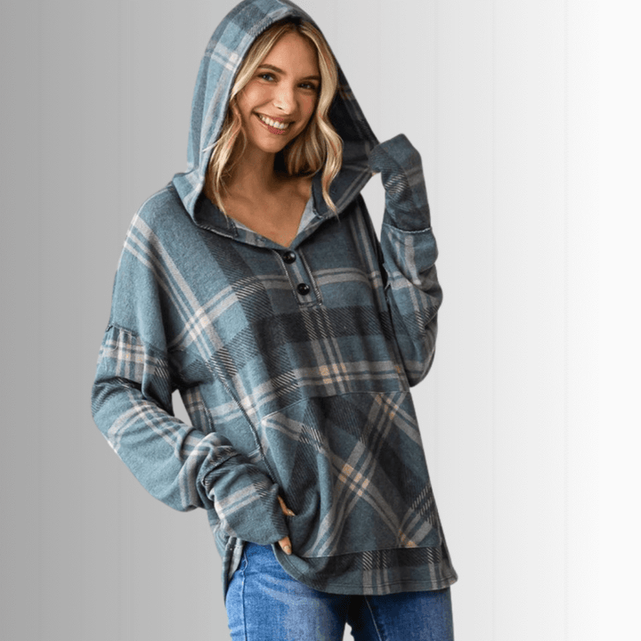 Made in USA Women's Blake Hoodie, Soft Dark Jade Green Plaid Hoodie with Long Sleeves and Thumbhole, Kangaroo Front Pocket, Button Down V-Neck