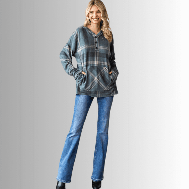 Made in USA Women's Blake Hoodie, Soft Dark Jade Green Plaid Hoodie with Long Sleeves and Thumbhole, Kangaroo Front Pocket, Button Down V-Neck