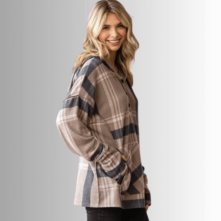 Made in USA Women's Blake Hoodie, Soft Light Mocha Tan Plaid Hoodie with Long Sleeves and Thumbhole, Kangaroo Front Pocket, Button Down V-Neck