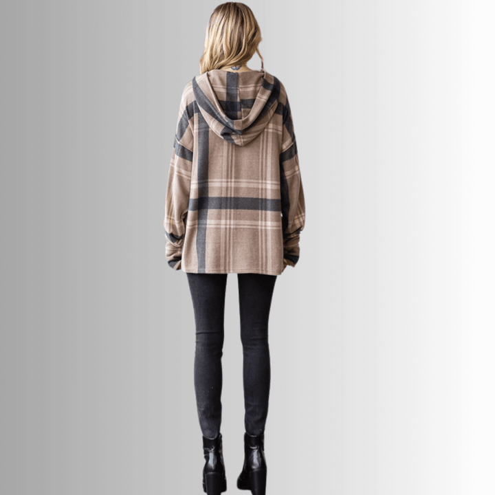 Made in USA Women's Blake Hoodie, Soft Light Mocha Tan Plaid Hoodie with Long Sleeves and Thumbhole, Kangaroo Front Pocket, Button Down V-Neck