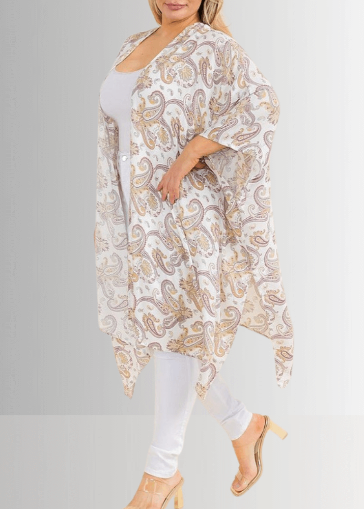 Made in USA Women's White Paisley Plus Size Open Front Kimono Cardigan Top , Beach, Vacation, Dressy, Swim Coverup | Classy Cozy Cool Made in America Boutique