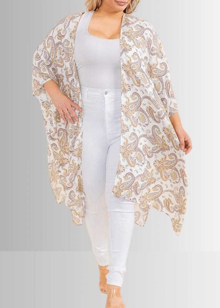 Made in USA Women's White Paisley Plus Size Open Front Kimono Cardigan Top , Beach, Vacation, Dressy, Swim Coverup | Classy Cozy Cool Made in America Boutique
