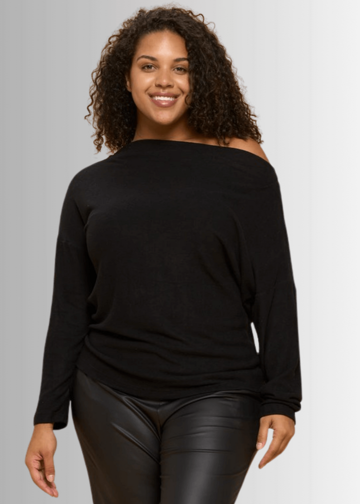 Made in USA Ladies' Plus Size Relaxed Fit Super Soft Long Sleeve Cashmere Feel Sweater Top in Black - Worn Off Shoulder or Boat Neck | Renee C Style# 4097TP | Made in America Women's Clothing Boutique