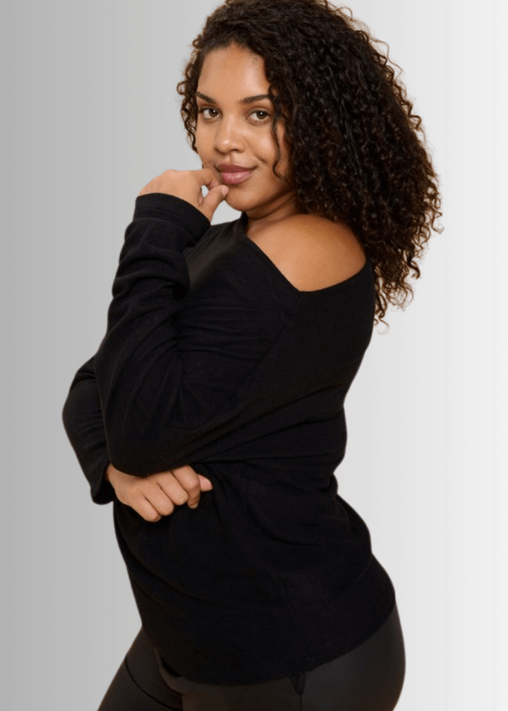 Made in USA Ladies' Plus Size Relaxed Fit Super Soft Long Sleeve Cashmere Feel Sweater Top in Black - Worn Off Shoulder or Boat Neck | Renee C Style# 4097TP | Made in America Women's Clothing Boutique