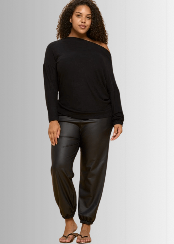 Made in USA Ladies' Plus Size Relaxed Fit Super Soft Long Sleeve Cashmere Feel Sweater Top in Black - Worn Off Shoulder or Boat Neck | Renee C Style# 4097TP | Made in America Women's Clothing Boutique