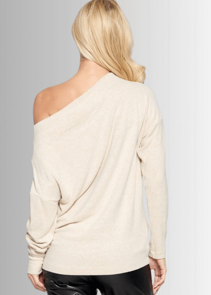 Made in USA Ladies' Plus Size Relaxed Fit Super Soft Long Sleeve Cashmere Feel Sweater Top in Oatmeal - Worn Off Shoulder or Boat Neck | Renee C Style# 4097TP | Made in America Women's Clothing Boutique