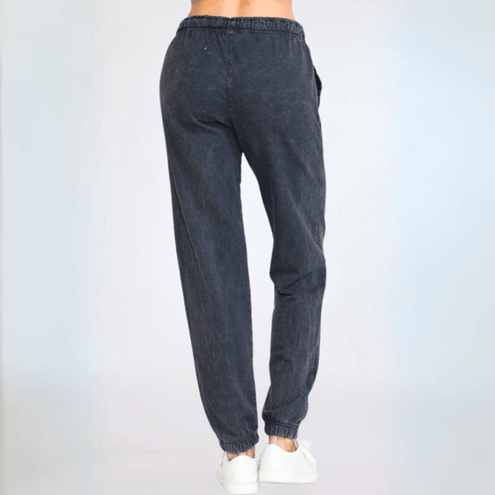 USA Made Women's Casual Cotton French Terry Mineral Washed Navy Joggers with Side Pockets and Elastic Drawstring Waist | Classy Cozy Cool Made in America Boutique