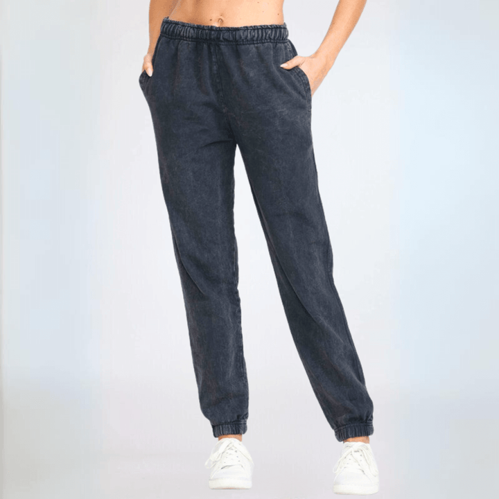 USA Made Women's Casual Cotton French Terry Mineral Washed Navy Joggers with Side Pockets and Elastic Drawstring Waist | Classy Cozy Cool Made in America Boutique
