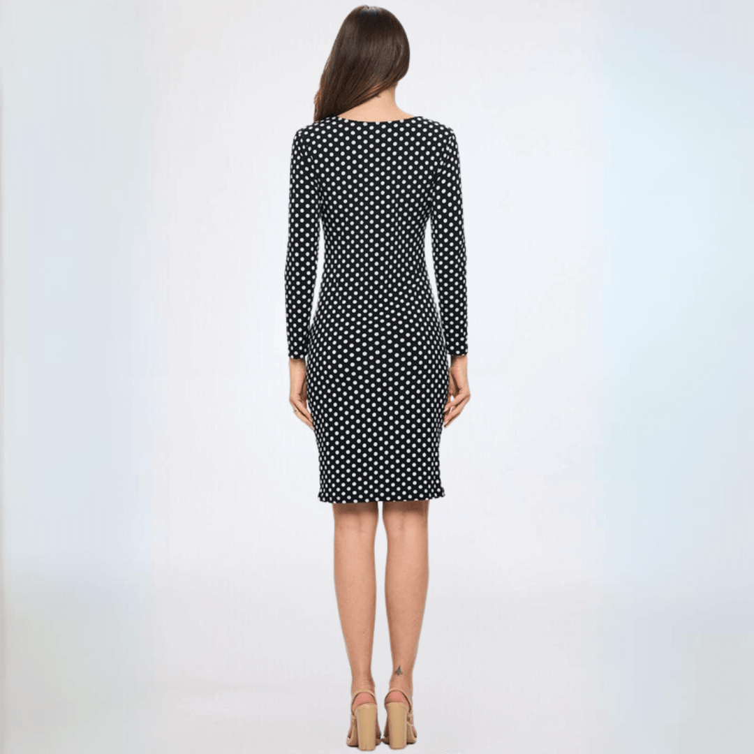 USA Made  Ladies Black & White Polka Dot Fitted Midi Jersey Dress with Ruching and Button Front Detail | Classy Cozy Cool Women's Made in America Boutique