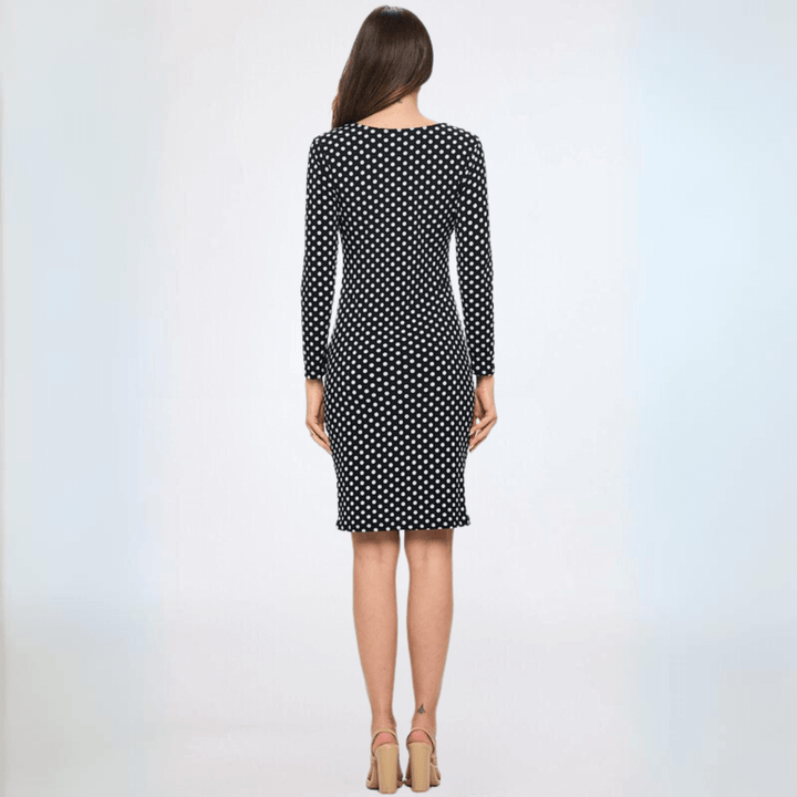 USA Made  Ladies Black & White Polka Dot Fitted Midi Jersey Dress with Ruching and Button Front Detail | Classy Cozy Cool Women's Made in America Boutique