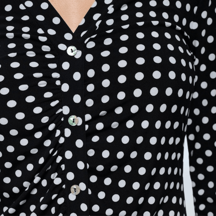 USA Made  Ladies Black & White Polka Dot Fitted Midi Jersey Dress with Ruching and Button Front Detail | Classy Cozy Cool Women's Made in America Boutique