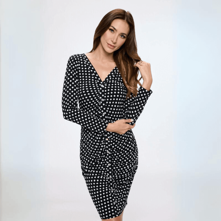 USA Made  Ladies Black & White Polka Dot Fitted Midi Jersey Dress with Ruching and Button Front Detail | Classy Cozy Cool Women's Made in America Boutique