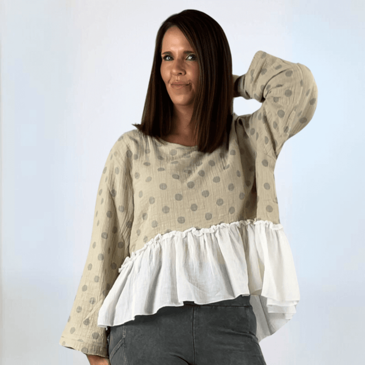 Made in USA Jaded Gypsy Looking Back Top, Women's Polka Dot Flounce Ruffle Oversized Flowy Fit Tow in High/Low Design, Taupe and White,  Long Sleeves, 100% Cotton