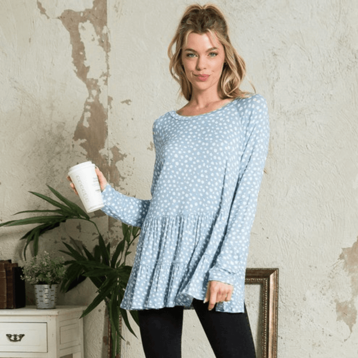 Made in USA Women's Tiered ruffle tunic top - Round neck and long sleeves - Loose fit - Dot print jersey top | Classy Cozy Cool Made in America Boutique