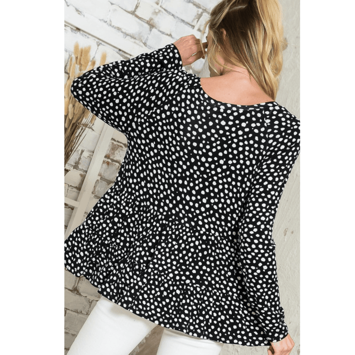 Made in USA Women's Tiered ruffle tunic top - Round neck and long sleeves - Loose fit - Dot print jersey top | Classy Cozy Cool Made in America Boutique