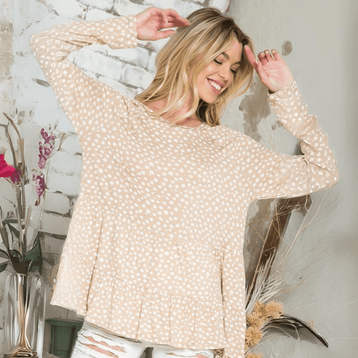 Made in USA Women's Tiered ruffle tunic top - Round neck and long sleeves - Loose fit - Dot print jersey top | Classy Cozy Cool Made in America Boutique