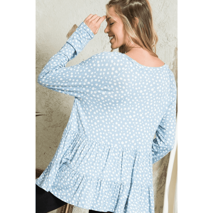 Made in USA Women's Tiered ruffle tunic top - Round neck and long sleeves - Loose fit - Dot print jersey top | Classy Cozy Cool Made in America Boutique