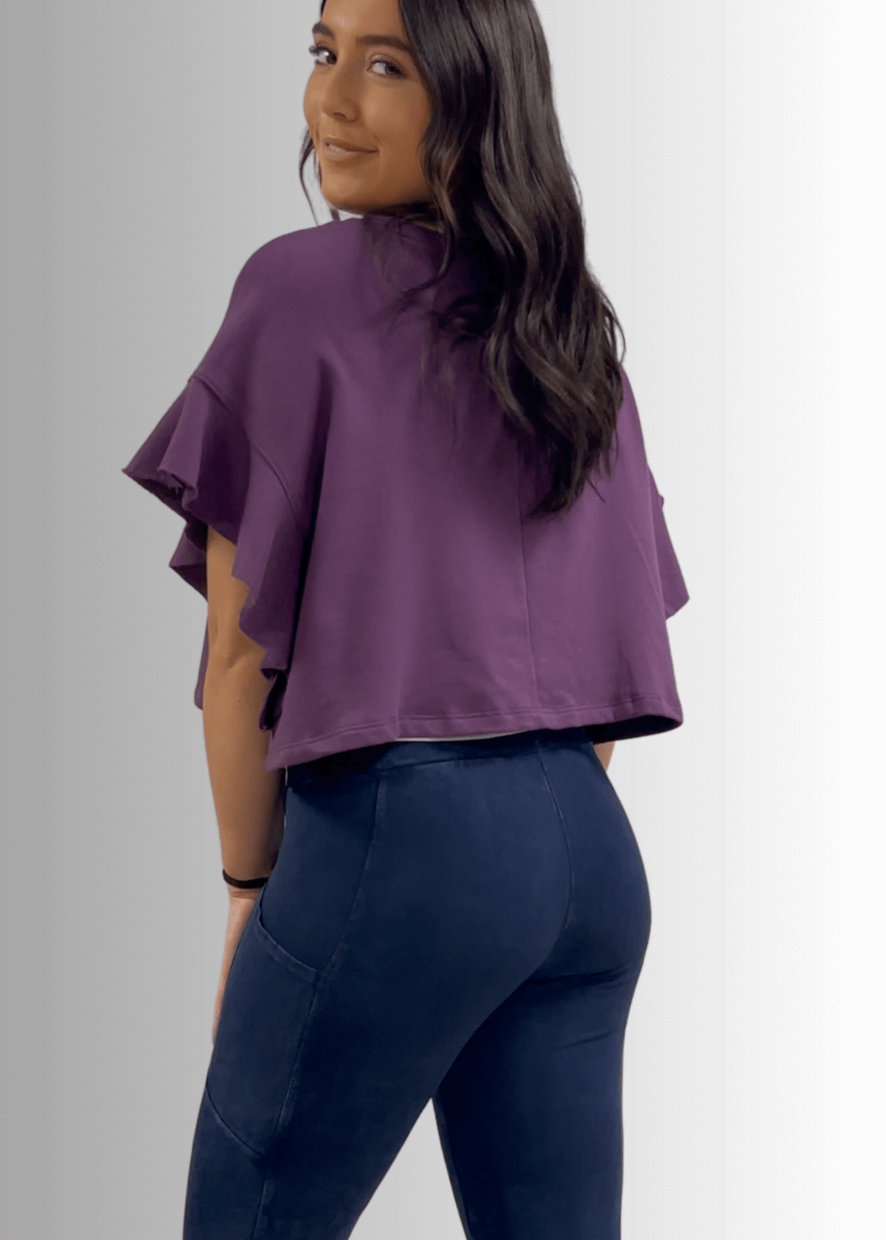 Made in USA Women's Patriotic Purple Cropped Top with USA Distressed Flag Graphic, Short Flutter Dolman Sleeves, Crew Neck | Bucket List Style T1423