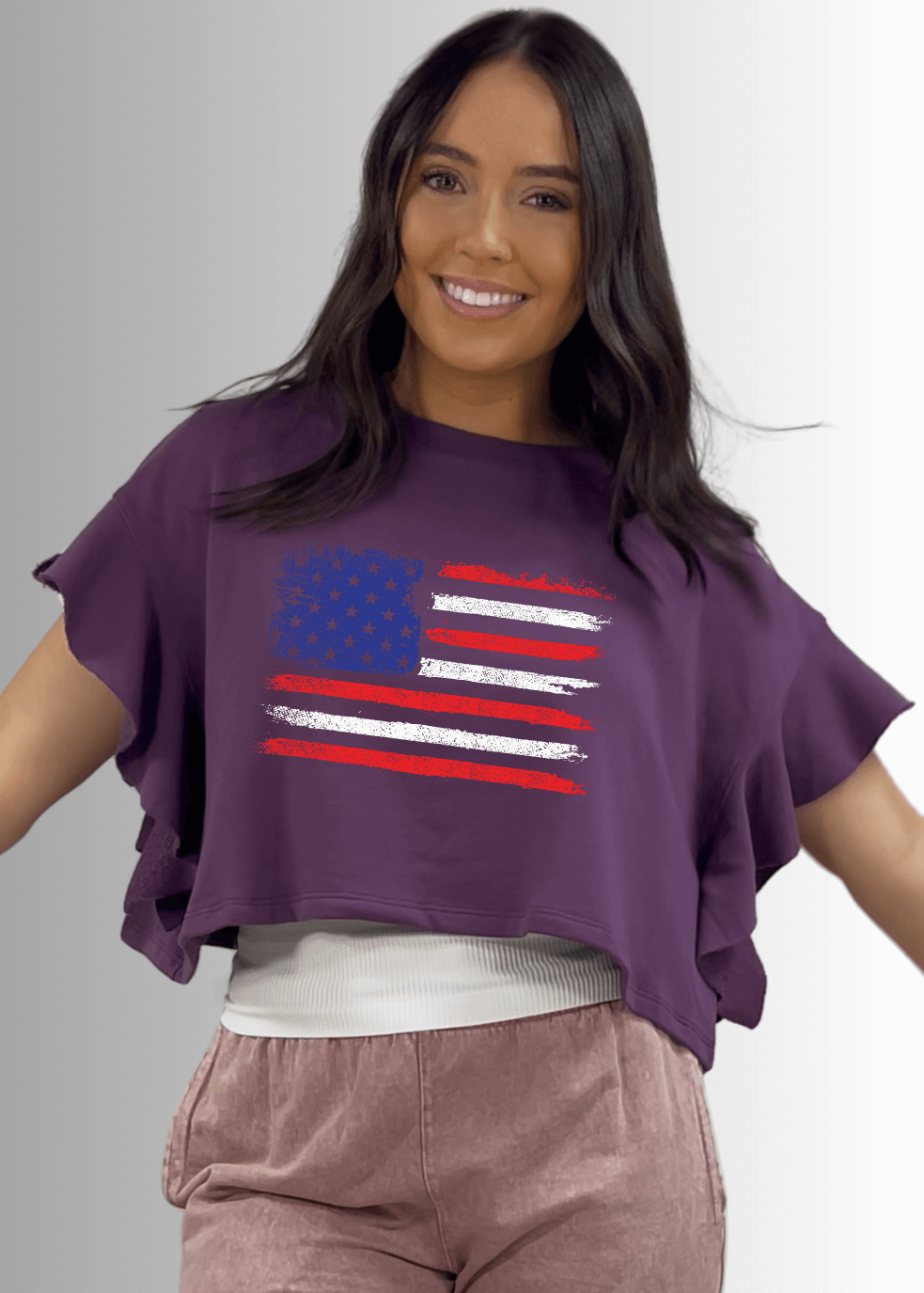 Made in USA Women's Patriotic Purple Cropped Top with USA Distressed Flag Graphic, Short Flutter Dolman Sleeves, Crew Neck | Bucket List Style T1423