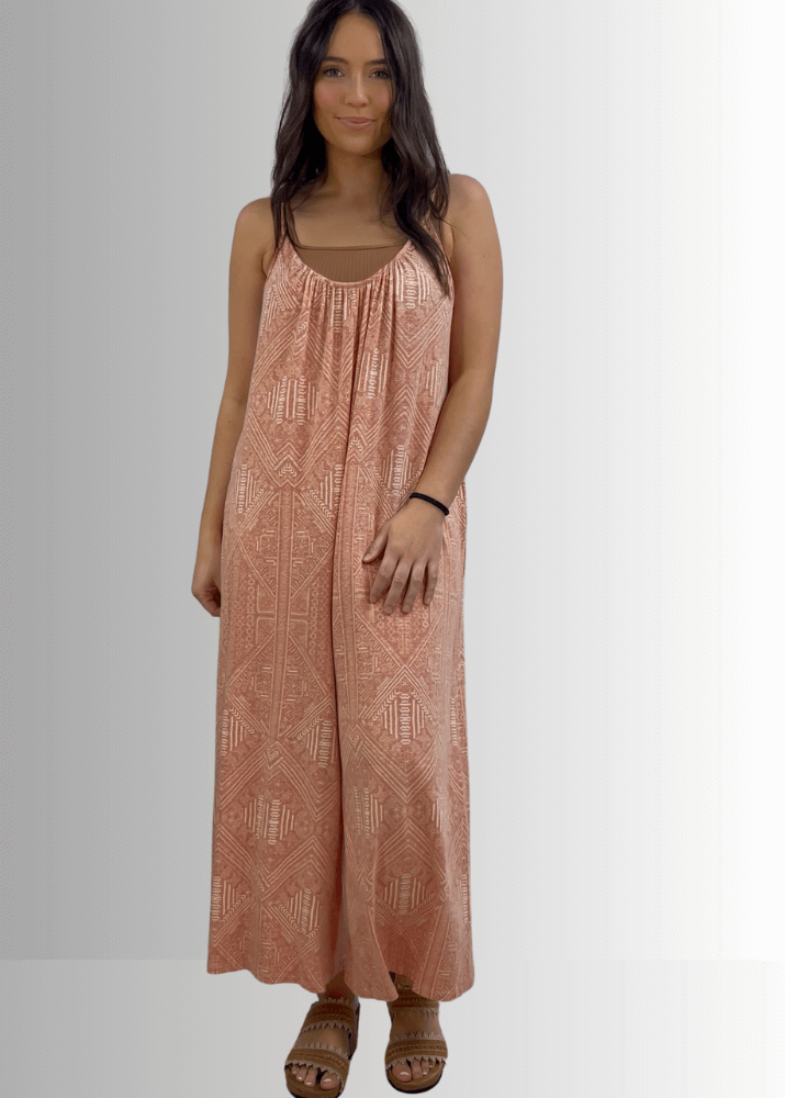Made in USA Women's Aztec Print Coral Wide Leg Romper Jumpsuit, Scoop Neck, Boho Style, Side Hidden Pockets | Bucket List Style T1502