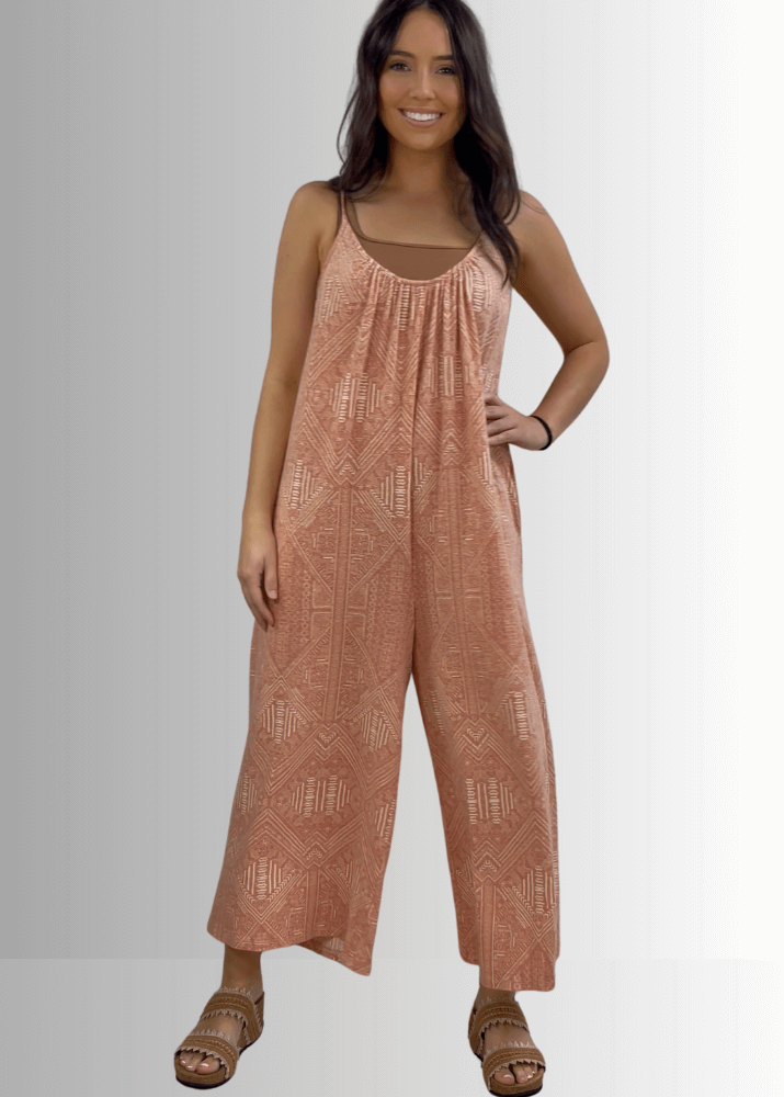 Made in USA Women's Aztec Print Coral Wide Leg Romper Jumpsuit, Scoop Neck, Boho Style, Side Hidden Pockets | Bucket List Style T1502