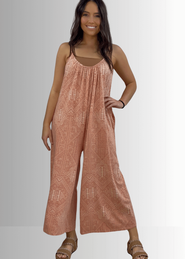 Made in USA Women's Aztec Print Coral Wide Leg Romper Jumpsuit, Scoop Neck, Boho Style, Side Hidden Pockets | Bucket List Style T1502