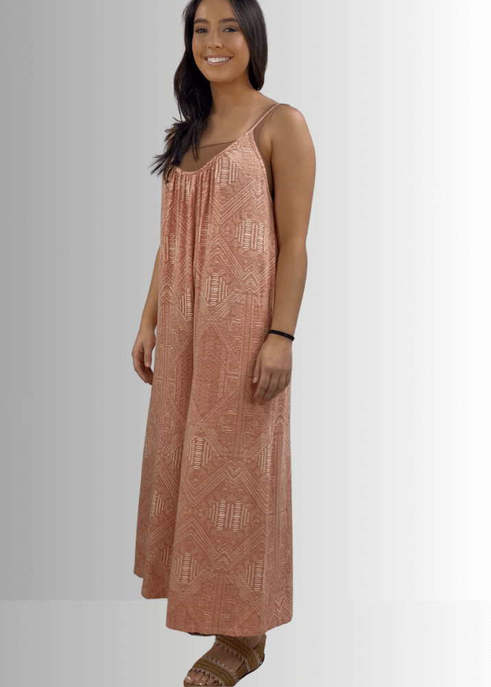 Made in USA Women's Aztec Print Coral Wide Leg Romper Jumpsuit, Scoop Neck, Boho Style, Side Hidden Pockets | Bucket List Style T1502