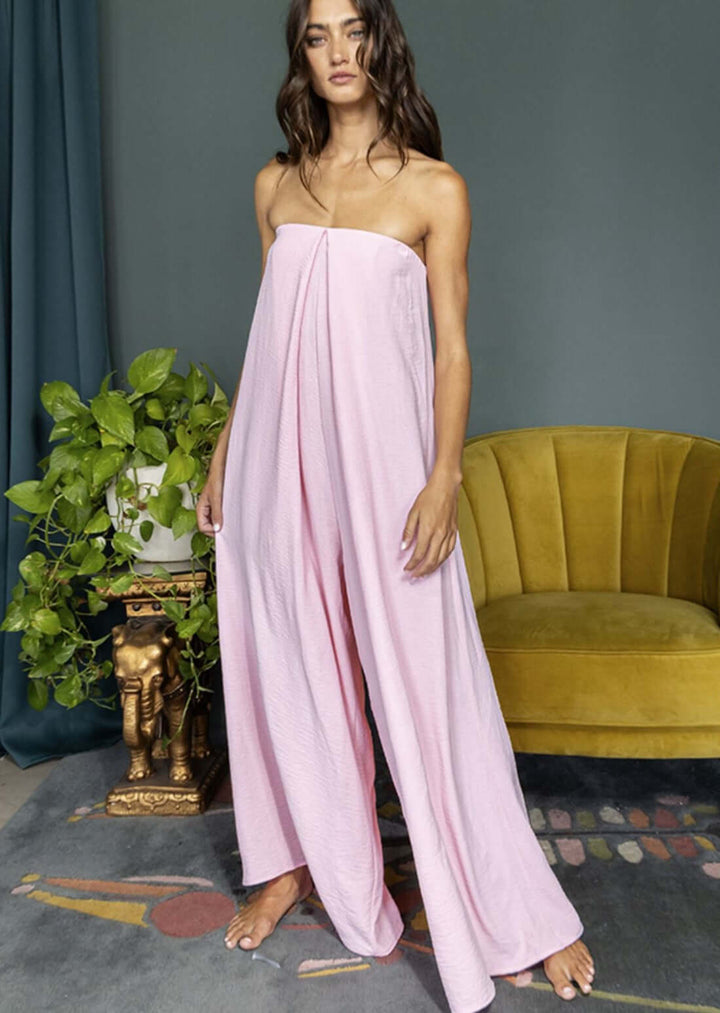 Bucket List Clothing Style R5307 | Ladies Strapless Flowy Pink Jumpsuit with Inverted Front Pleating and Side Pockets | Made in USA