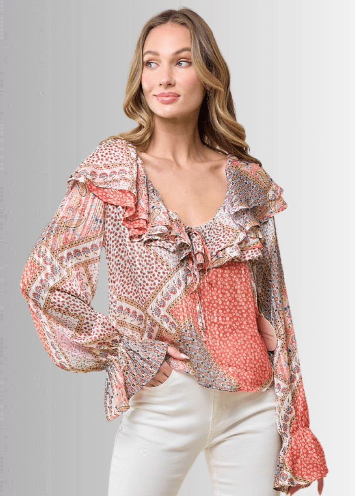 Made in USA Women's Ruffled Patchwork Top with Metallic Thread, Scoop V-Neck, Colors: Floral with coral colors Relaxed Fit