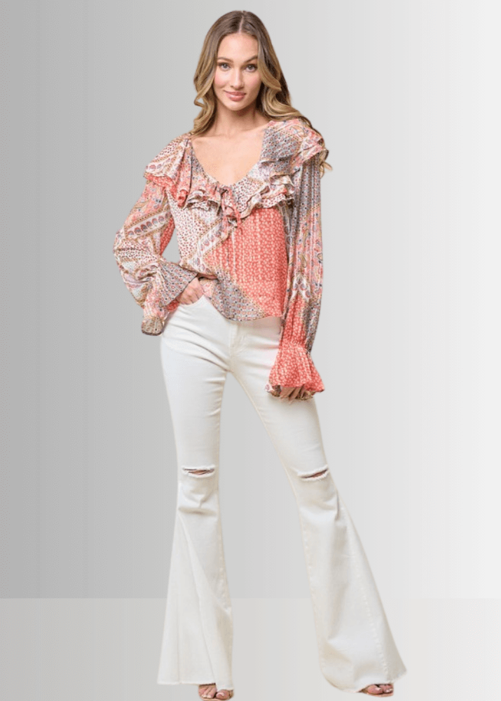 Made in USA Women's Ruffled Patchwork Top with Metallic Thread, Scoop V-Neck, Colors: Floral with coral colors Relaxed Fit